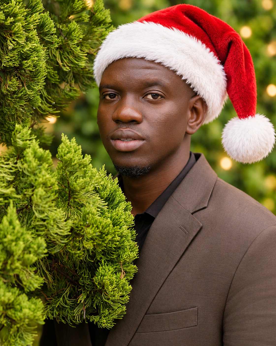 Moise Amisial of Platinum Photography wearing a Santa hat, framed by evergreen branches with warm golden holiday lights